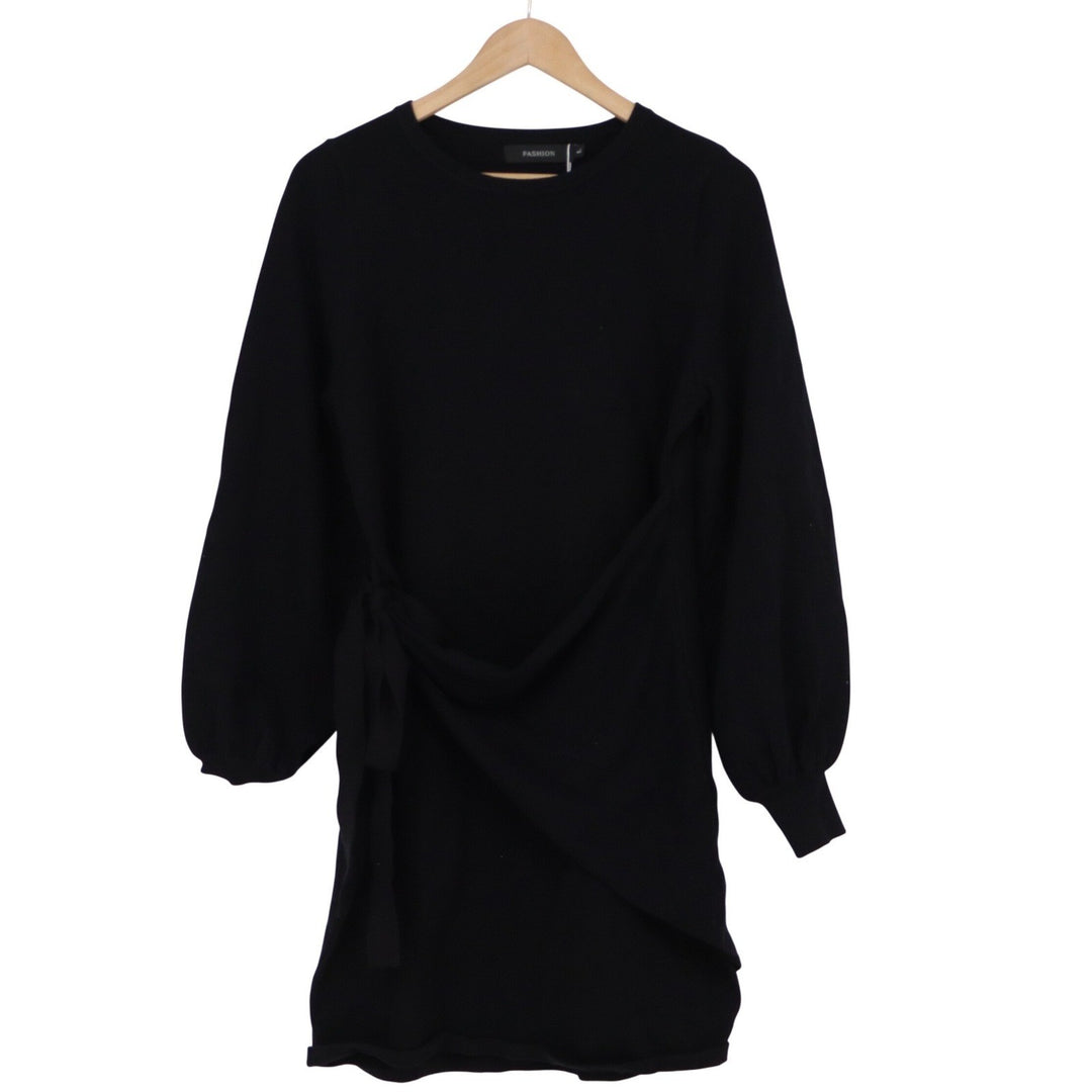Merokeety Black Balloon Sleeve Wrap Front Knit Sweater Mini Dress Large KLK0607