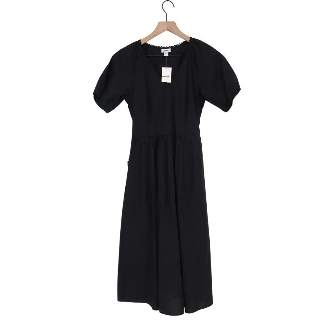 J. Crew Midi Dress Womens 2 Petite Black Cotton Stretch Lace Trim Puff Sleeve
