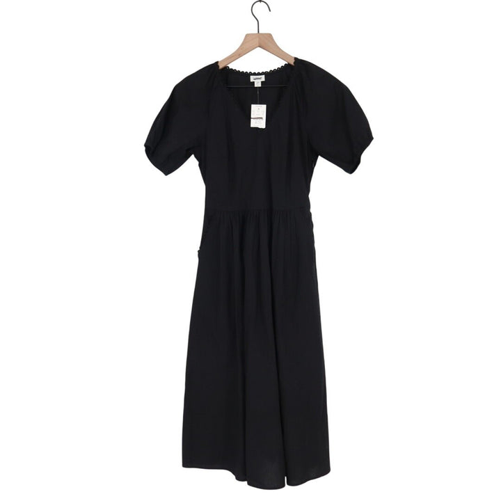 J. Crew Midi Dress Womens 2 Petite Black Cotton Stretch Lace Trim Puff Sleeve