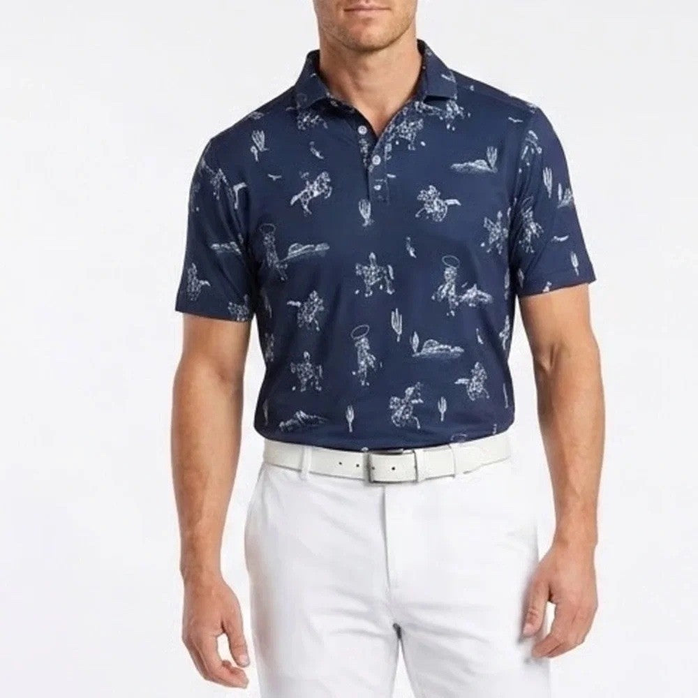 Bad Birdie Mens Yeehaw Dark Navy Cowboy Print Golf Polo Shirt S