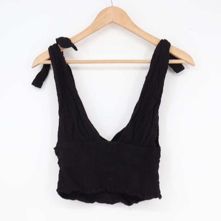 Free People Black Ruched Tie Shoulder Smocked V-Neck Crop Top XS