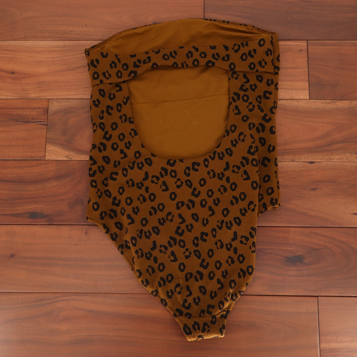 Aerie Bandeau One Piece Swimsuit Womens L Brown Leopard Print Textured Stretch