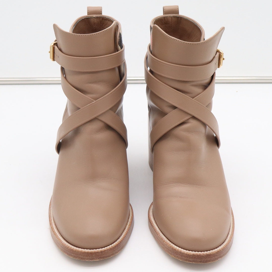 Burberry Pryle Leather House Check Ankle Boots Wheat Tan Block Heel EU 39