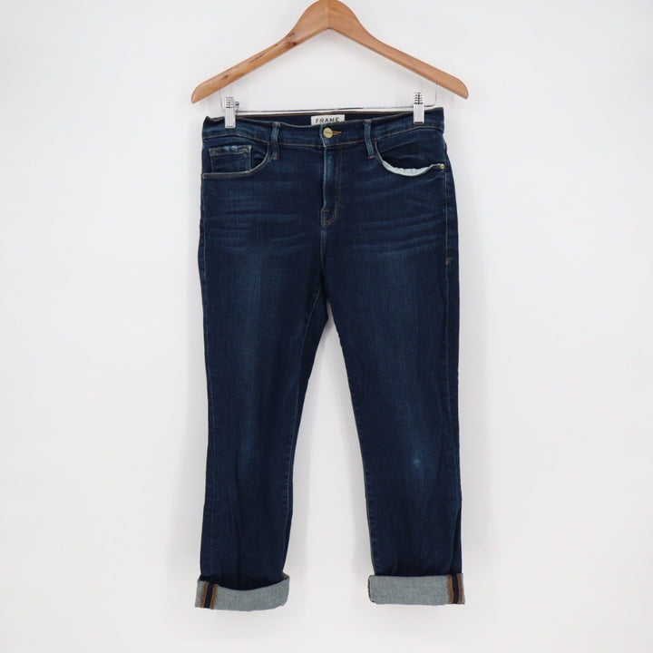 FRAME Denim Sutter Jeans Women Size 31 Dark Wash Distressed Cropped Straight Leg