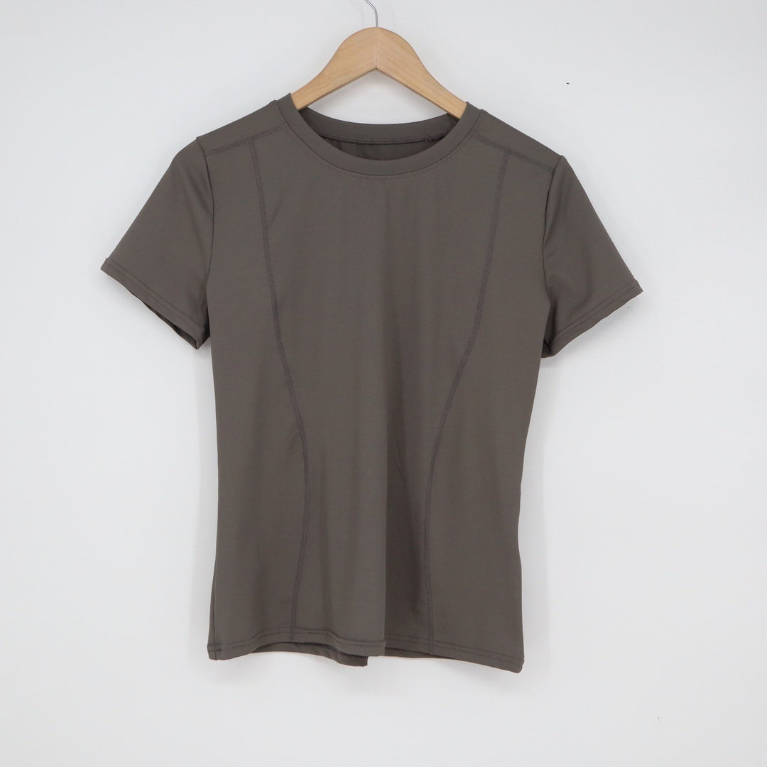 VOO Womens Activewear Short Sleeve Top Taupe Brown Performance Tee Size L