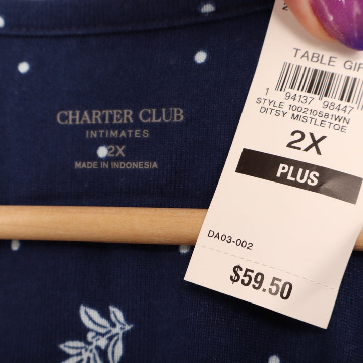 Charter Club Intimates 2-PC Pajamas Set Women 2X Blue Floral Stretch Henley Neck