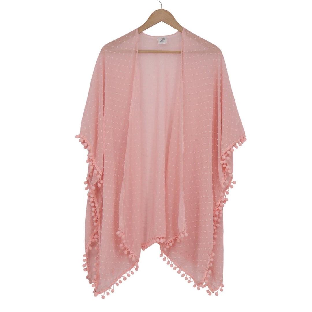 Pink Clip Dot Chiffon Pom Pom Trim Kimono Cover Up One Size