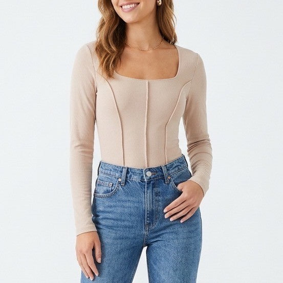 SheIn Corset Bodysuit Womens Medium Beige Stretch Knit Square Neck Long Sleeve