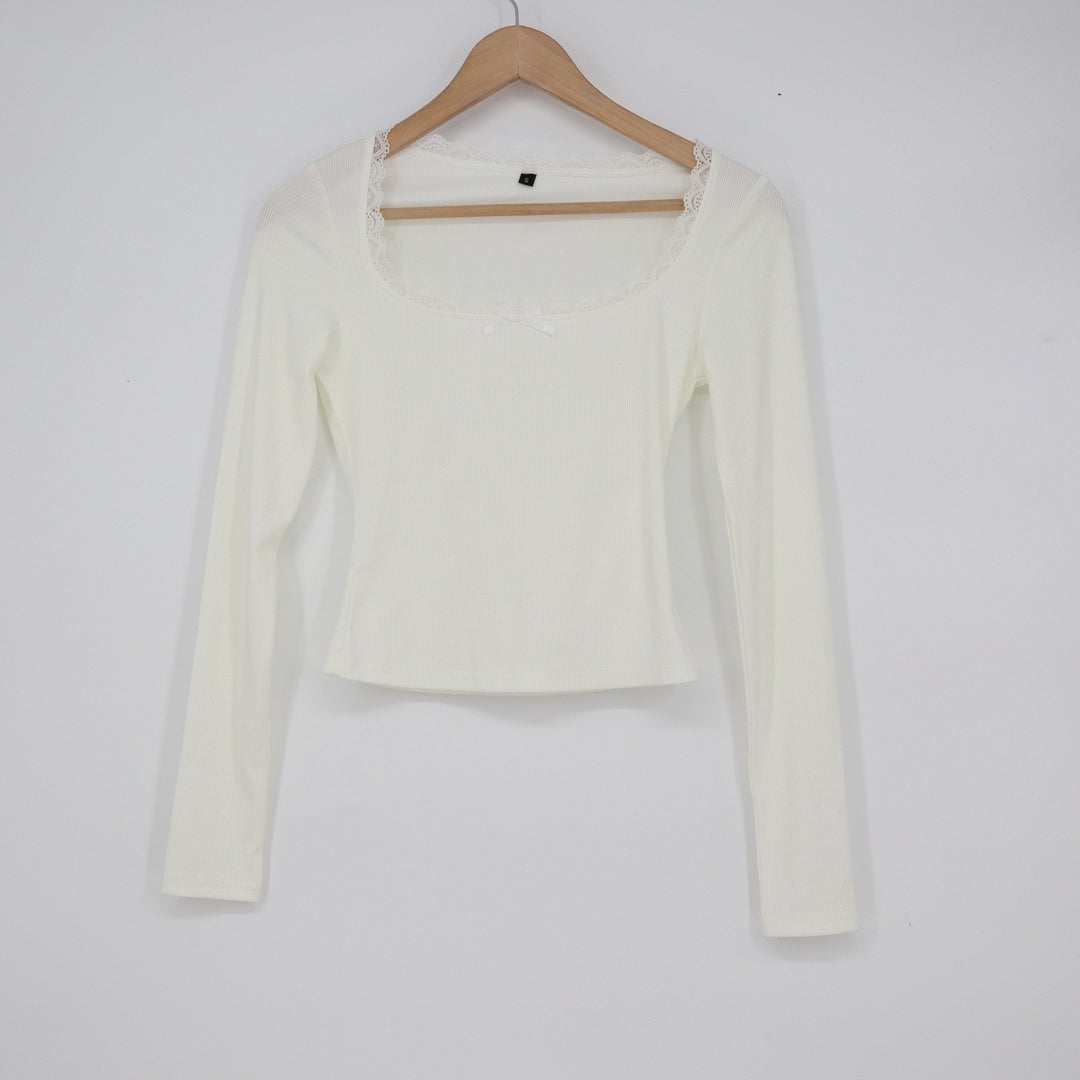 Cream White Ribbed Long Sleeve Lace Trim Bow Square Neck Coquette Top Small