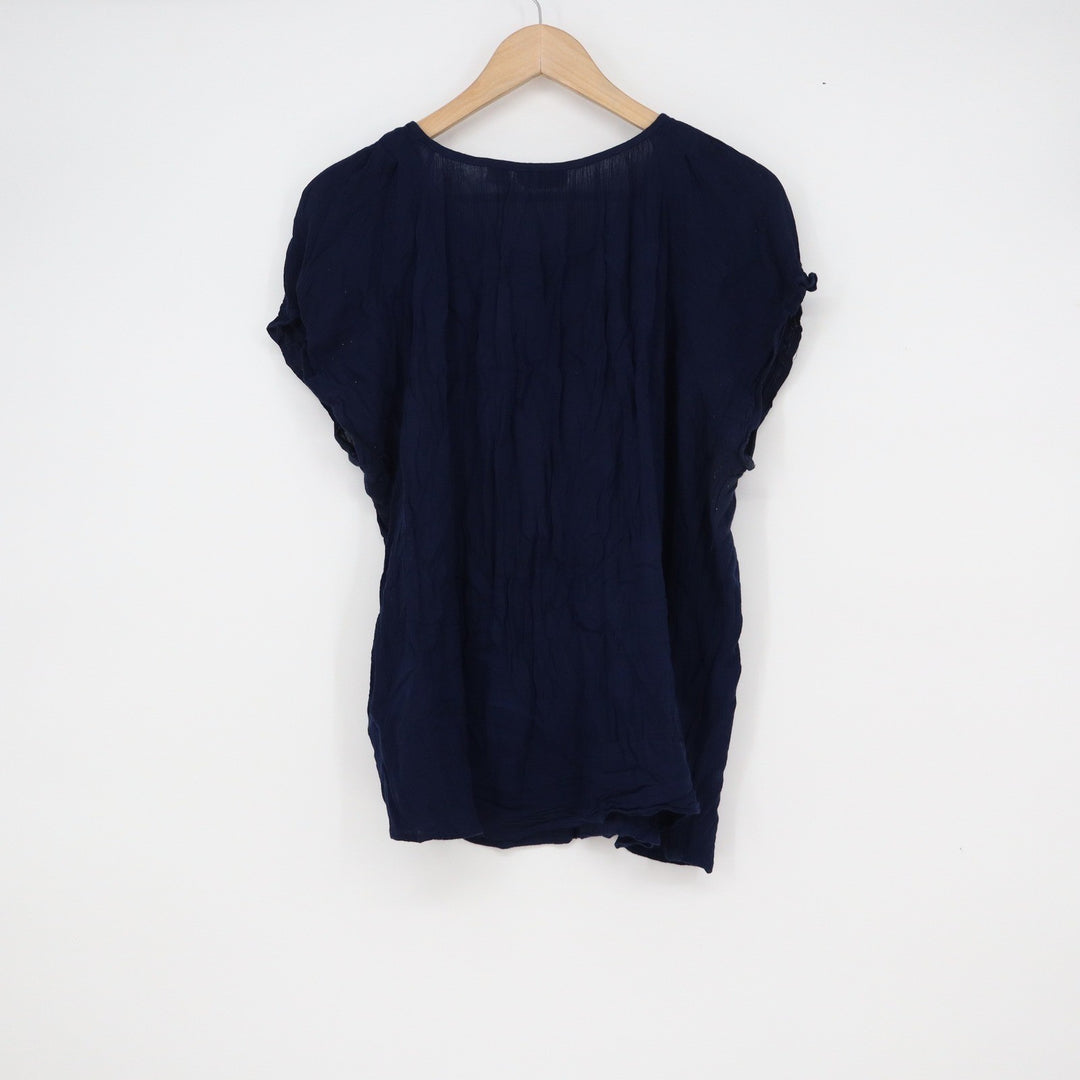 Basic Editions Navy Blue Rayon Crinkle Button Front Short Sleeve Blouse Large