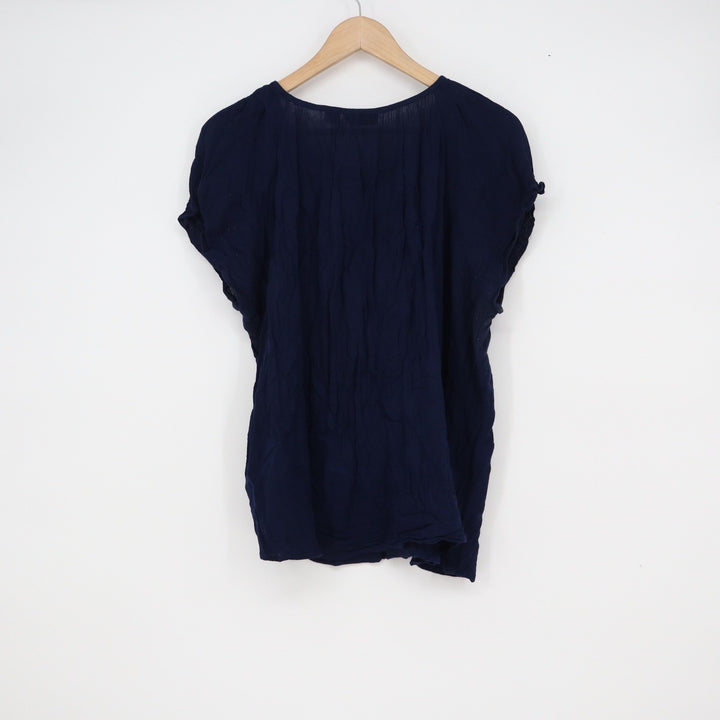 Basic Editions Navy Blue Rayon Crinkle Button Front Short Sleeve Blouse Large