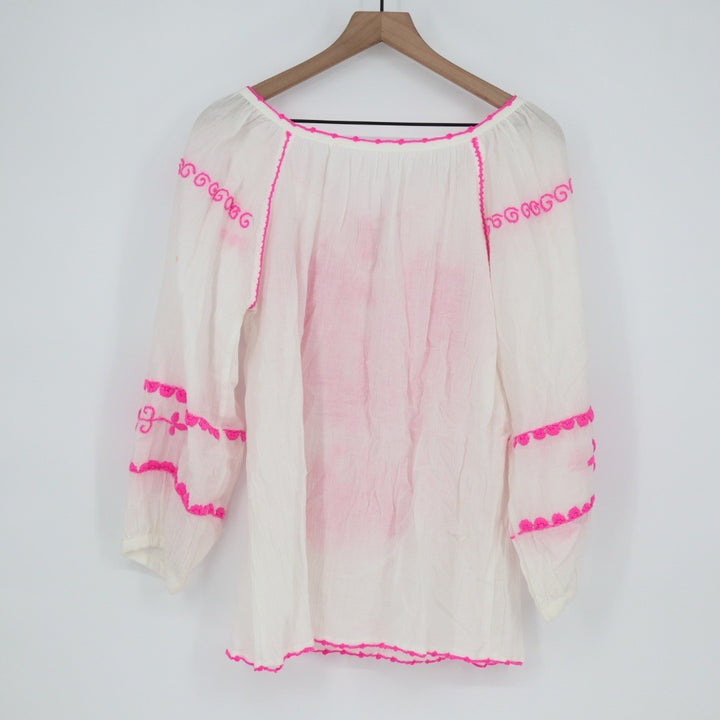 White Boho Embroidered Tassel Tie Neck Tunic Top Pink Birds