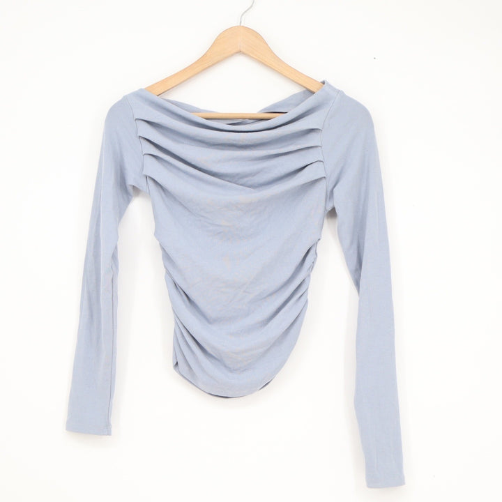 Daron Light Blue Ruched Long Sleeve Top Boat Neck Gathered Knit Size M