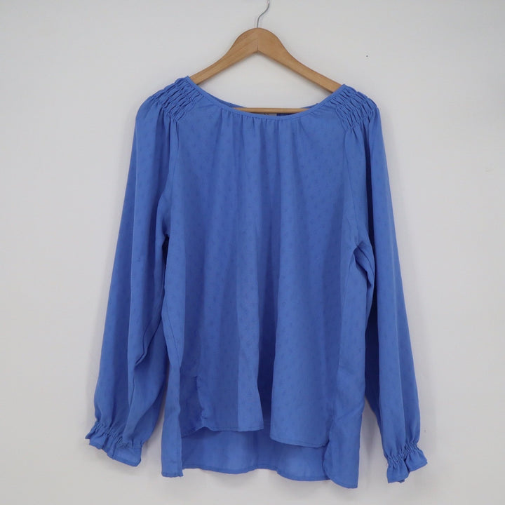 Jessica Simpson Periwinkle Blue Smocked Shoulder Ruffle Cuff Dobby Blouse Large