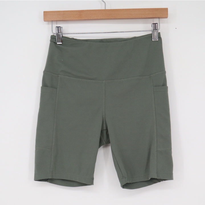 Danskin Womens High Waisted Biker Shorts Olive Green Side Pockets Size S