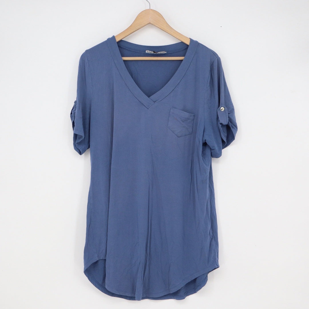 Haute Fox Blue V-Neck Roll-Tab Sleeve Pocket Tunic Top Womens 2X XXL