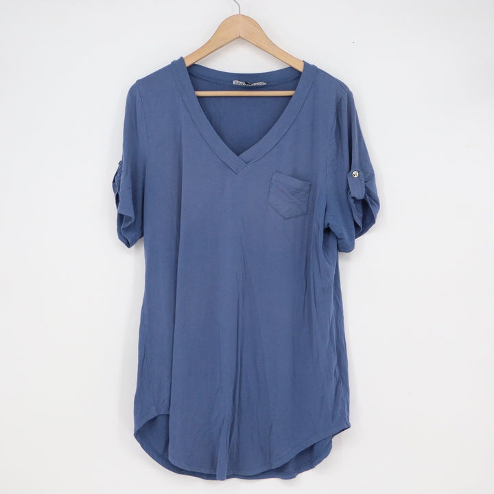 Haute Fox Blue V-Neck Roll-Tab Sleeve Pocket Tunic Top Womens 2X XXL