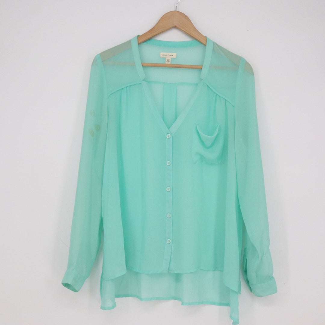 Silence + Noise Mint Green Sheer Chiffon Button Down Blouse V-Neck Small 13606