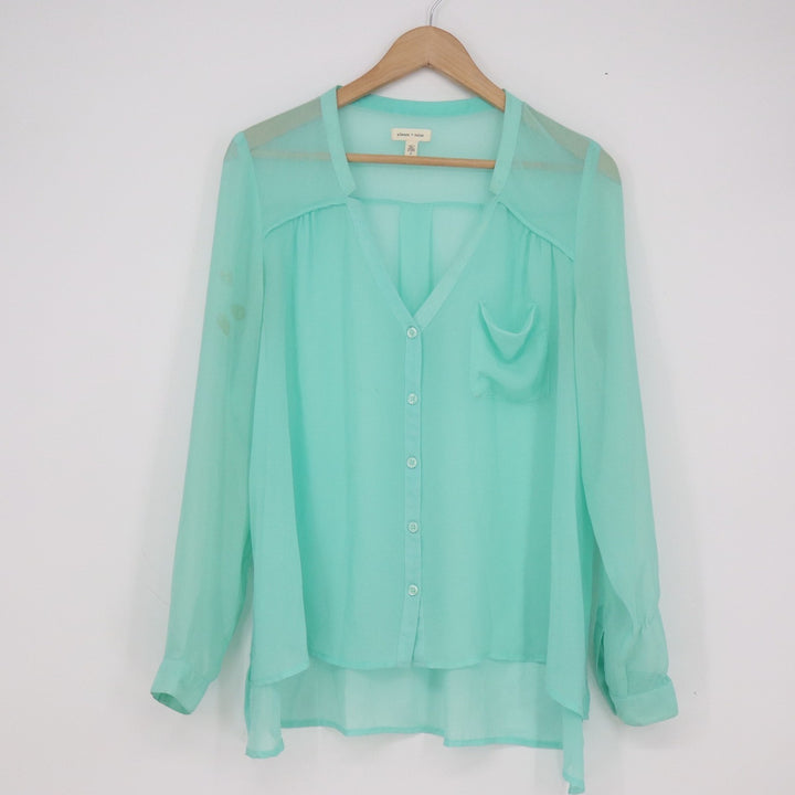 Silence + Noise Mint Green Sheer Chiffon Button Down Blouse V-Neck Small 13606