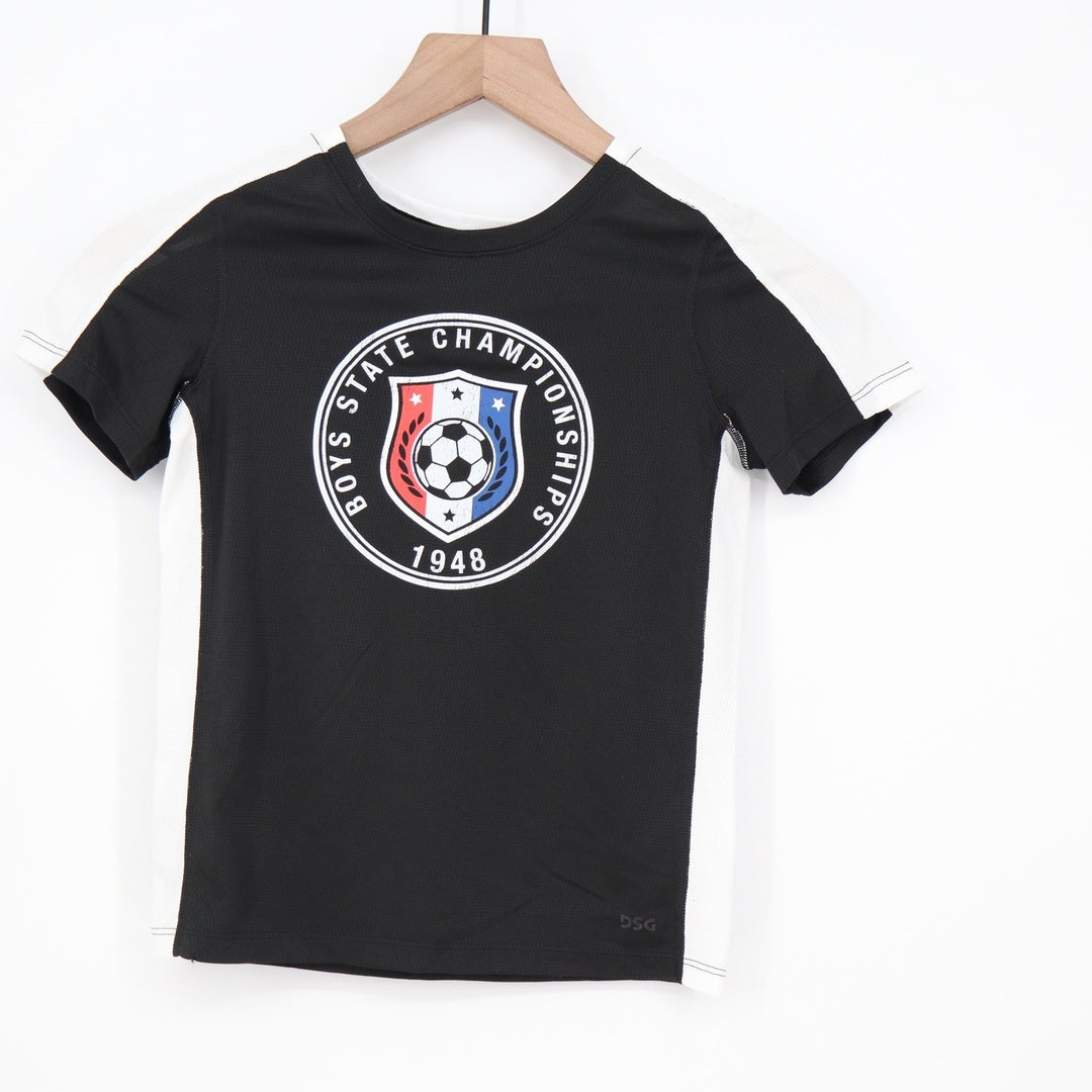 DSG Boys XS 6-7 Pieced Graphic Movement Tee Black White Soccer Championship
