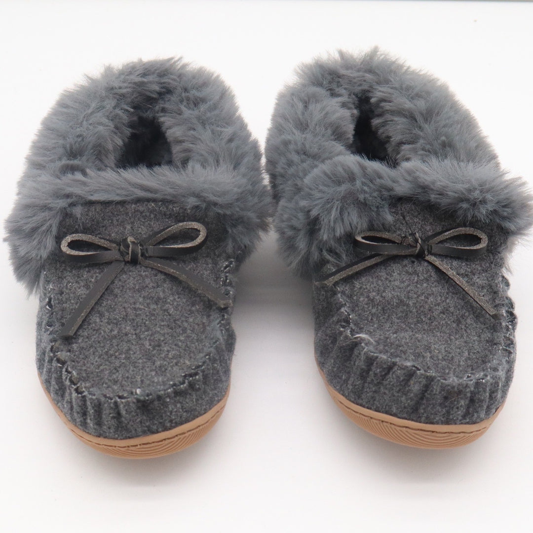 J.Crew Womens Moccasin Slippers Gray Wool Faux Fur Trim Bow Size 8 House Shoes
