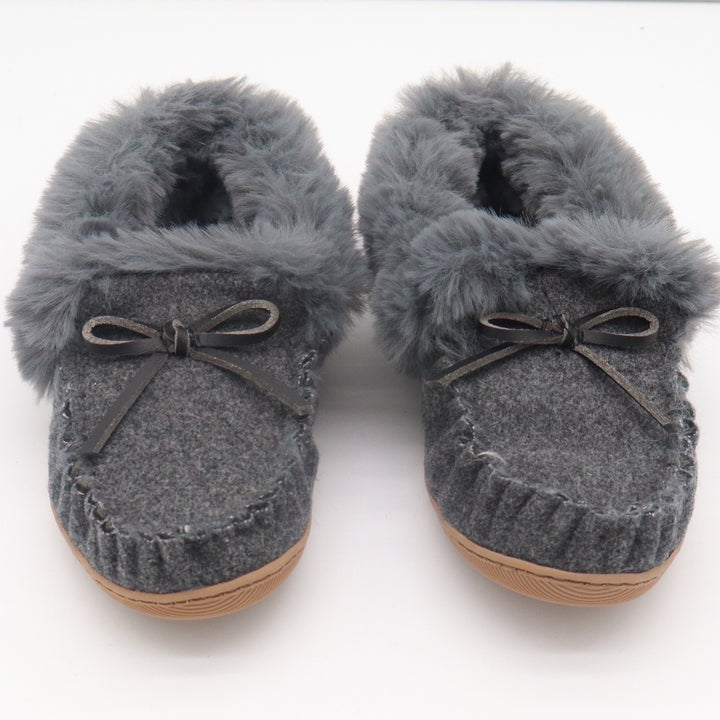 J.Crew Womens Moccasin Slippers Gray Wool Faux Fur Trim Bow Size 8 House Shoes