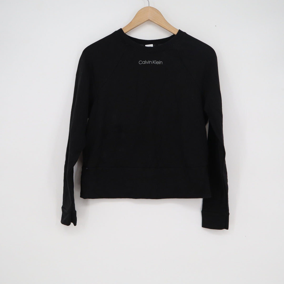 Calvin Klein Womens XS Black Logo Raglan Crewneck Sweatshirt Loungewear Pullover