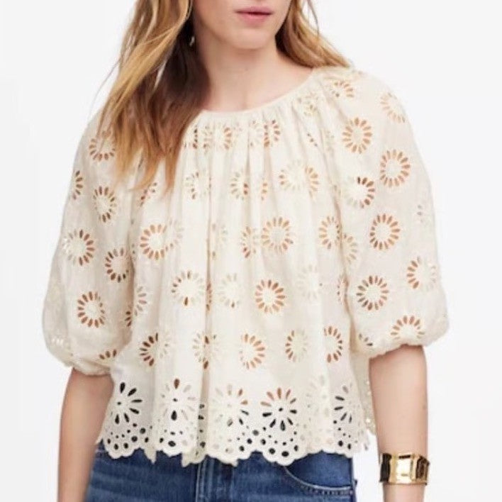 Madewell Tank Top Womens Small Cream Embroidered Eyelet Puff Sleeve Round Neck