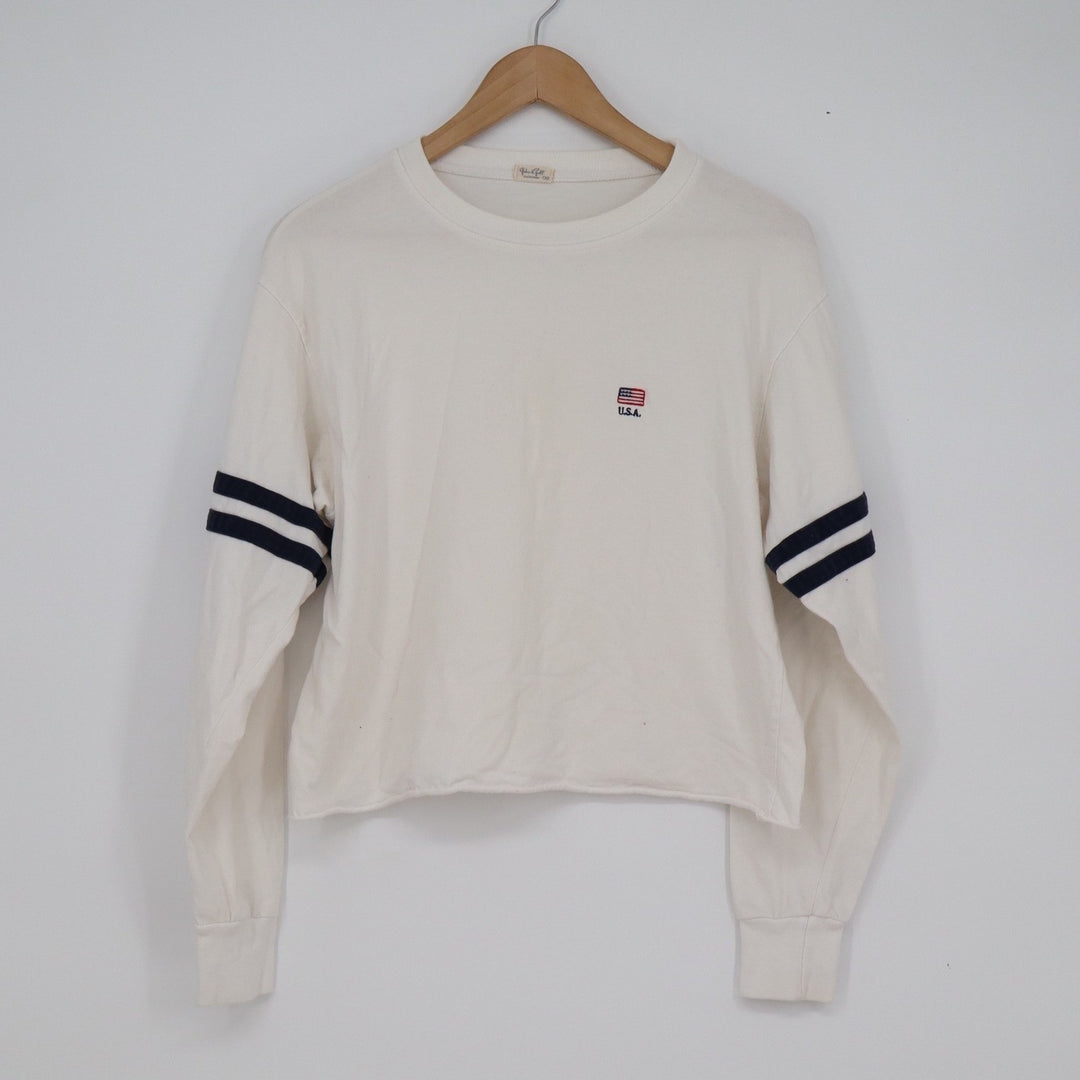 John Galt USA Flag Striped Sleeve Cropped Long Sleeve T-Shirt Cream OS