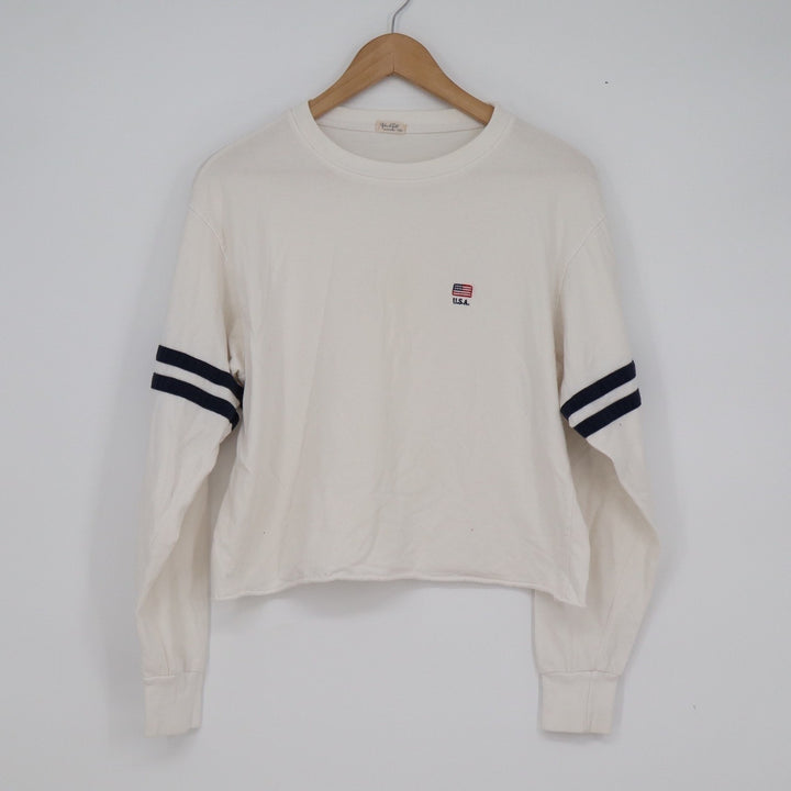 John Galt USA Flag Striped Sleeve Cropped Long Sleeve T-Shirt Cream OS