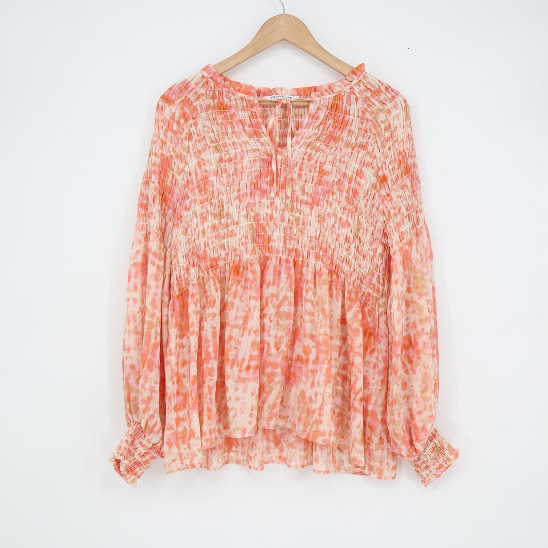 Rose + Olive Orange Pink Abstract Smocked Peplum Blouse Long Sleeve Medium
