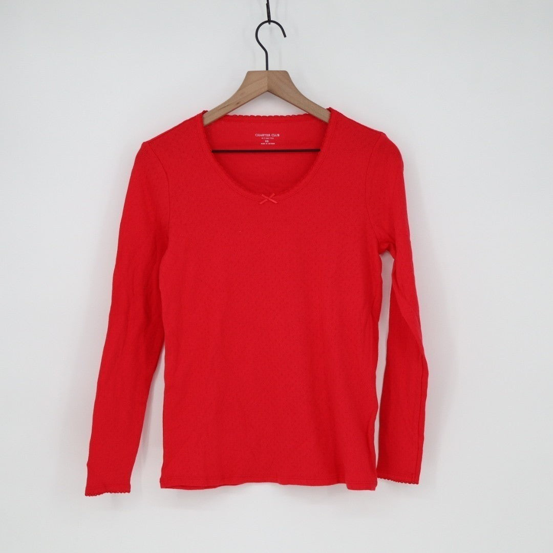 Charter Club T-Shirt Womens XS Red Cotton Knit Bow Round Neck Eyelet Long Sleeve