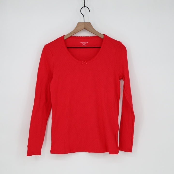 Charter Club T-Shirt Womens XS Red Cotton Knit Bow Round Neck Eyelet Long Sleeve