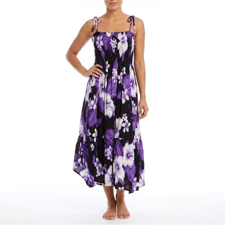 Ani's Fashion Purple Hibiscus Floral Smocked Midi Dress Plus Size Tie Straps