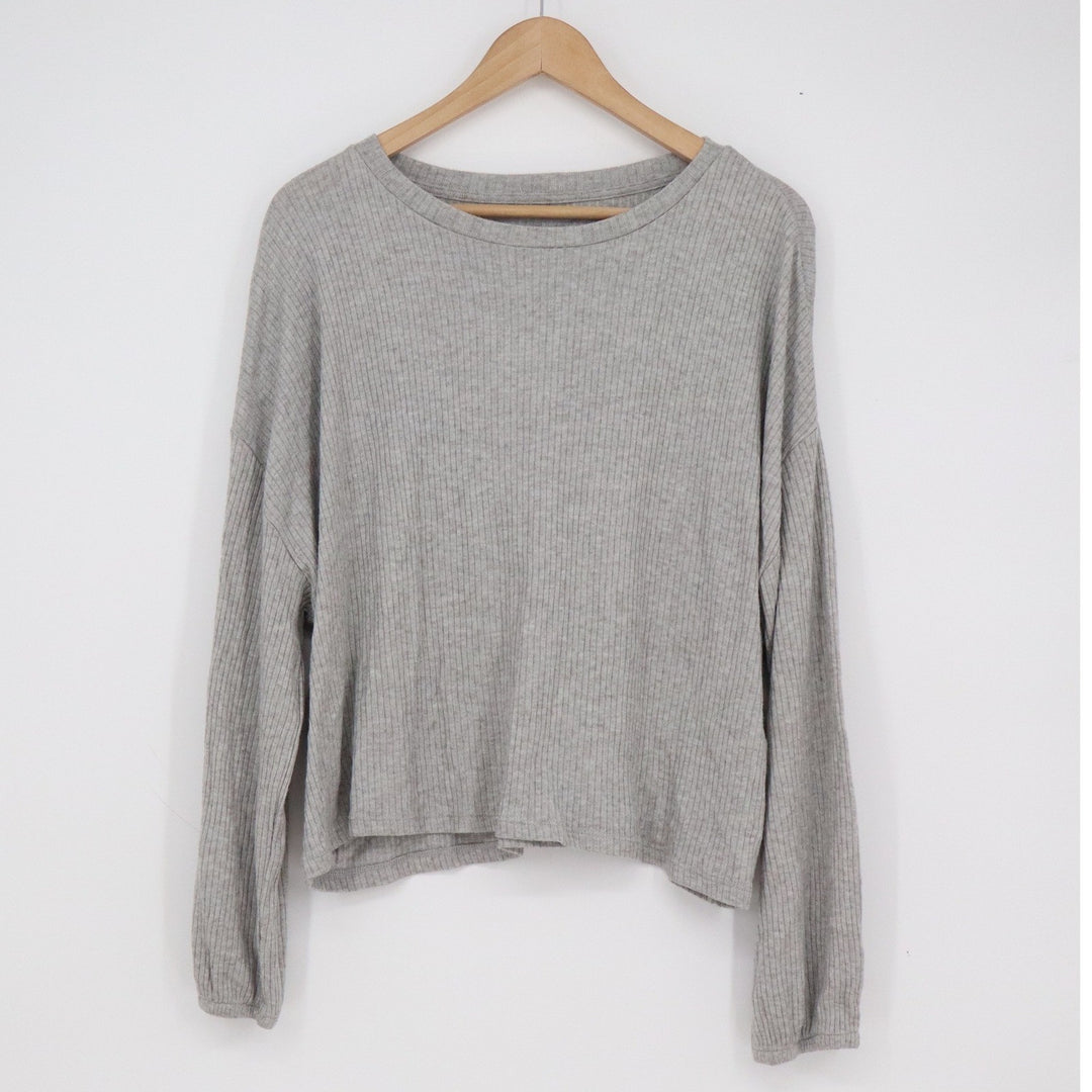 Z Supply Heather Gray Ribbed Long Sleeve Crew Neck Top Relaxed Fit
