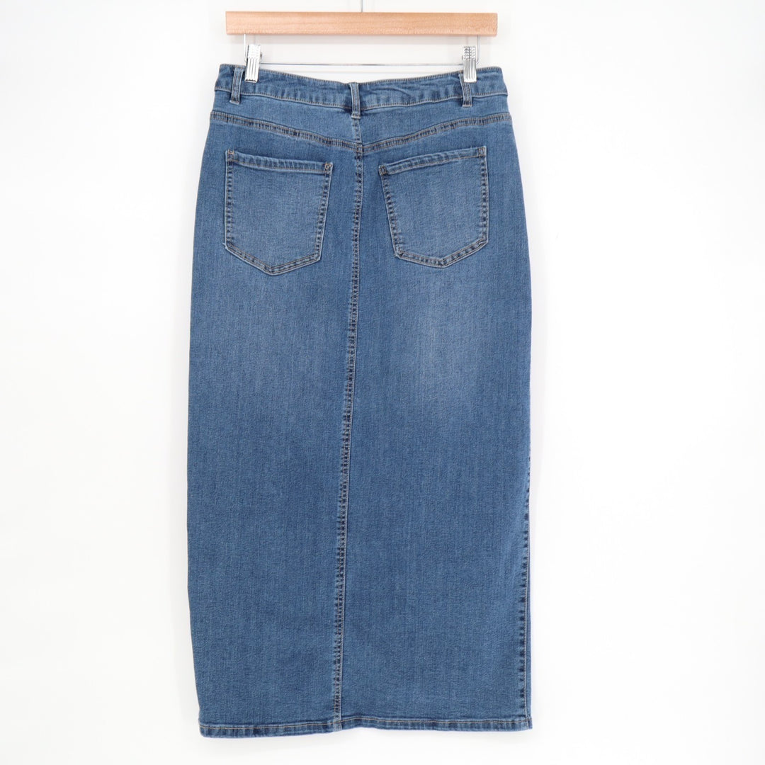 Rachel Zoe Midi Skirt Womens 6 Blue Denim Cotton Stretch Five Pockets Front Slit