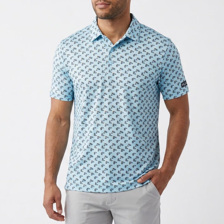 Huk Mens Polka Fish Pursuit Polo Shirt Blue UPF 50+ Fishing Short Sleeve S