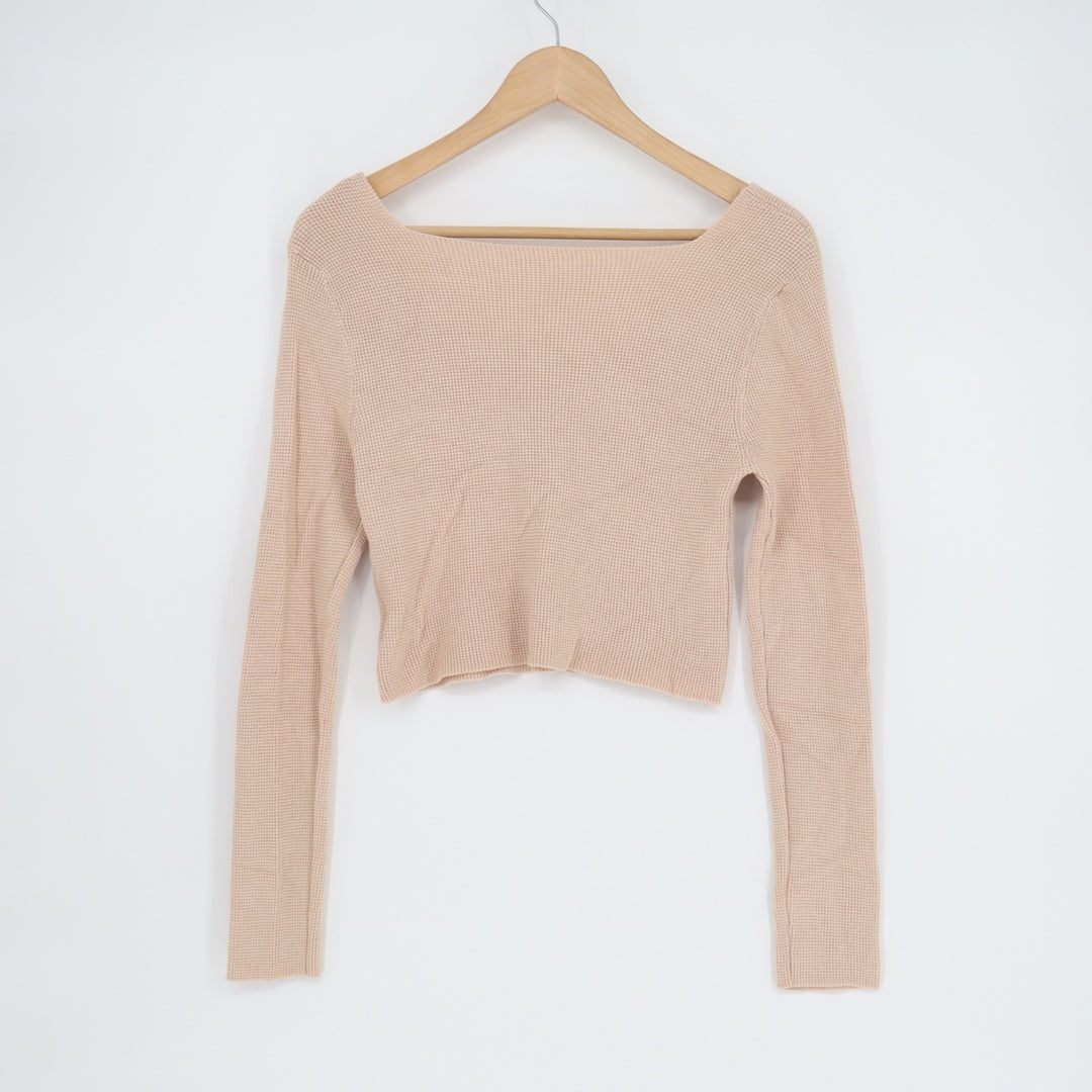 Shein Cropped Sweater Womens Large Blush Waffle Knit Square Neck Long Sleeve