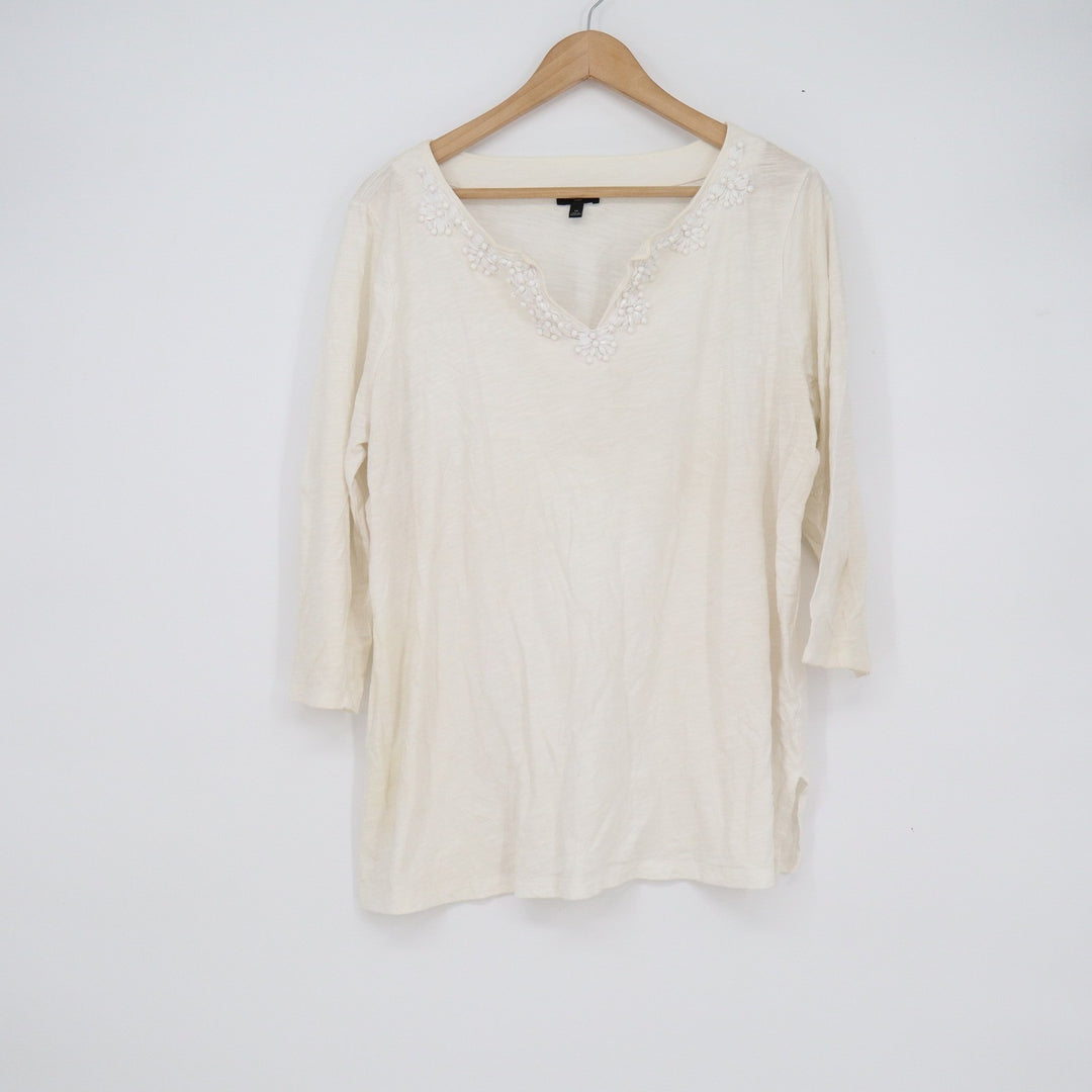 Talbots Woman Cream Cotton Slub Beaded Floral Split Neck 3/4 Sleeve Top 1X