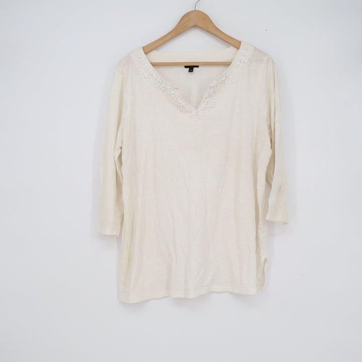 Talbots Woman Cream Cotton Slub Beaded Floral Split Neck 3/4 Sleeve Top 1X