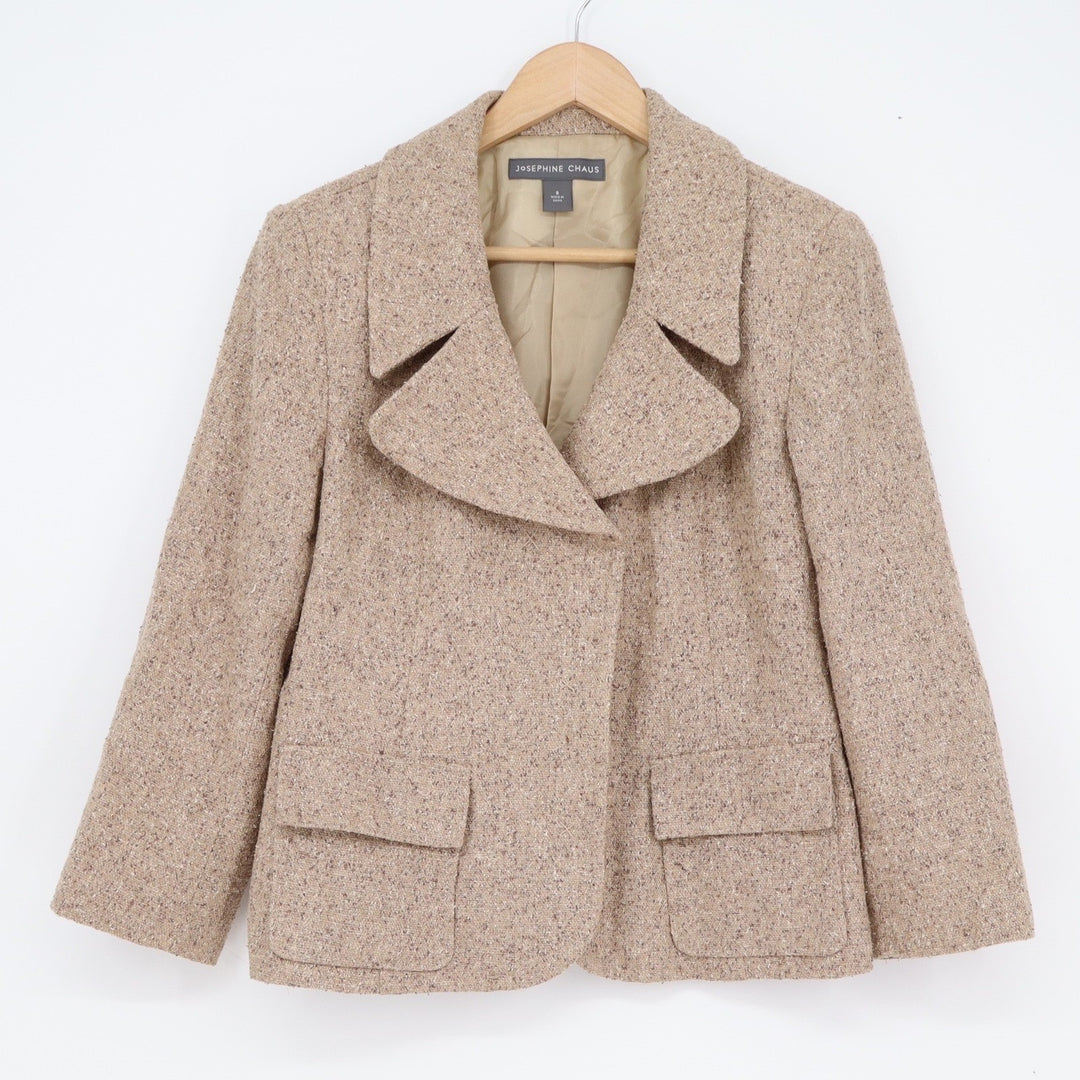 Josephine Chaus Silk Blend Tweed Blazer Jacket Tan Brown Size 8 Notched Lapel