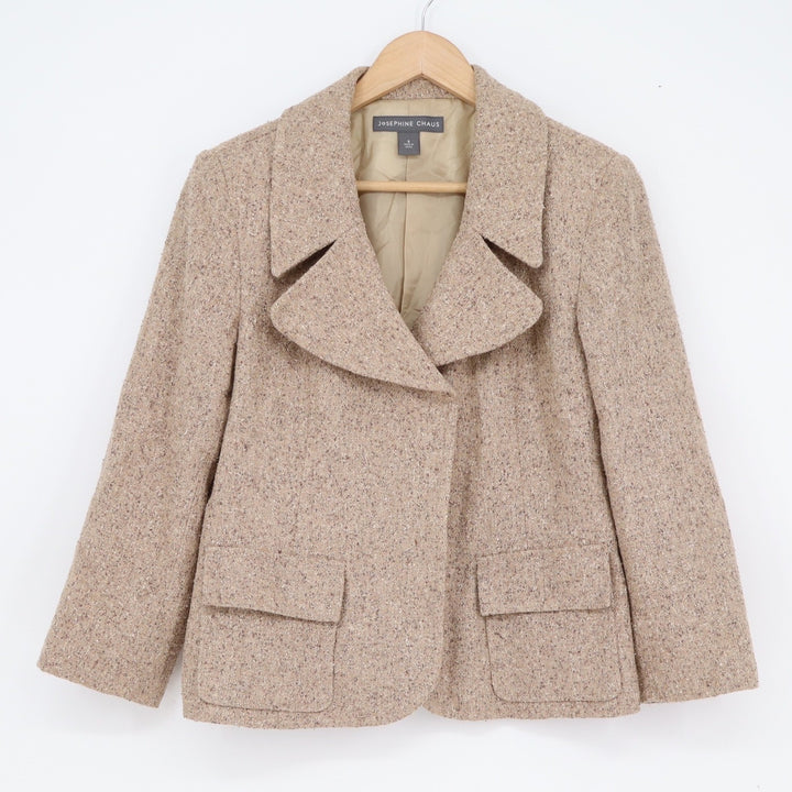 Josephine Chaus Silk Blend Tweed Blazer Jacket Tan Brown Size 8 Notched Lapel