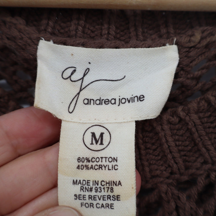 Andrea Jovine Brown Open Knit Chevron Crochet Sweater 3/4 Sleeve Womens Medium