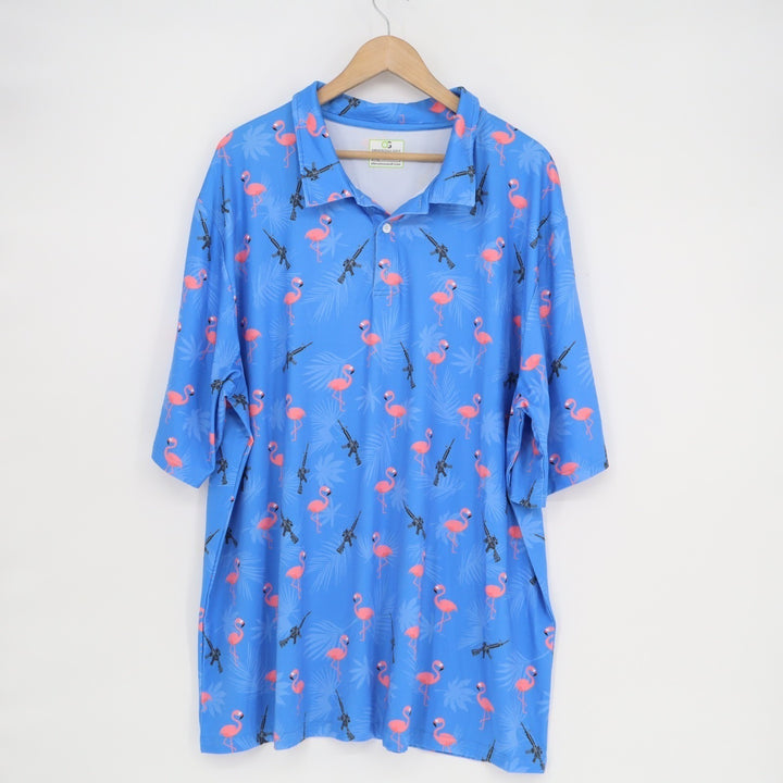 Obnoxious Golf Polo Shirt Mens 3XL Blue Armed Flamingo Short Sleeve Performance