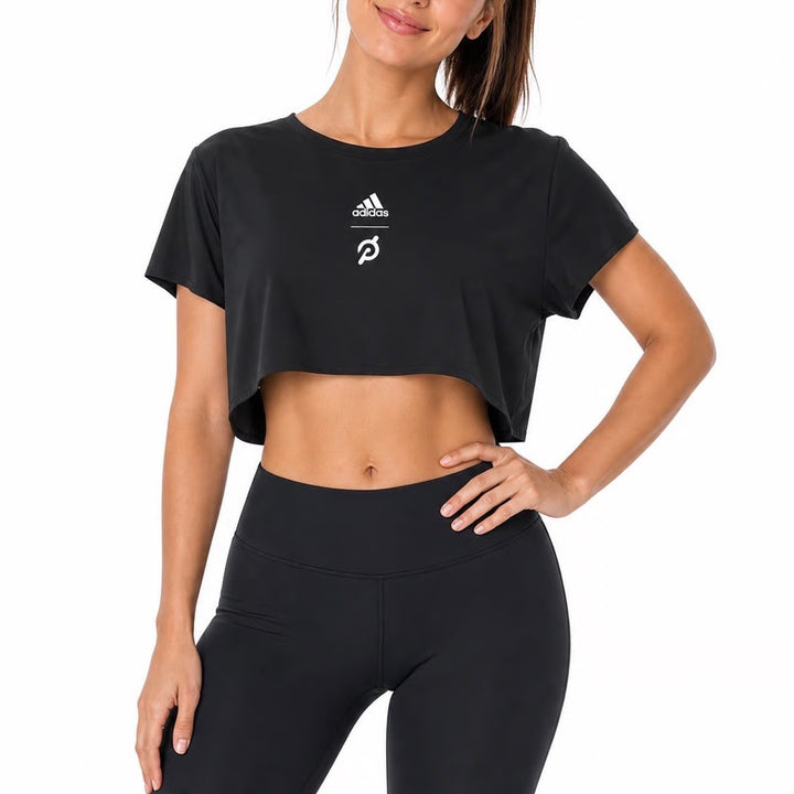 Adidas Crop Top Womens S Peloton Collab Black Graphic Short Sleeve Excellent