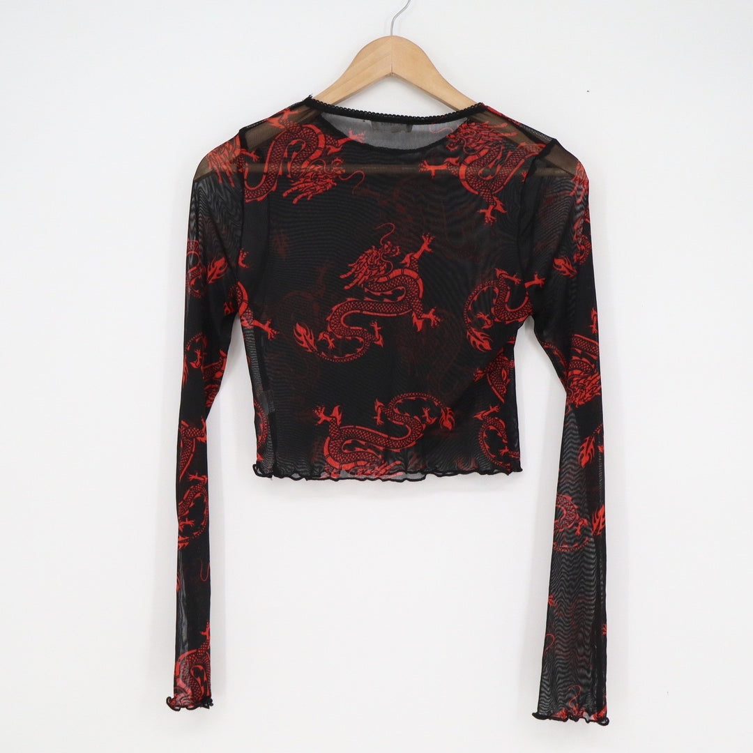 Bear Dance Womens Black Red Dragon Mesh Long Sleeve Crop Top Large