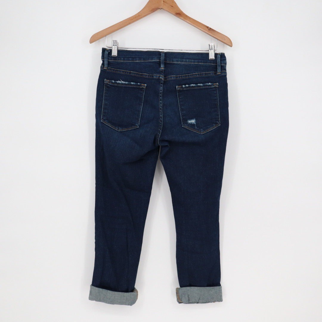 FRAME Denim Sutter Jeans Women Size 31 Dark Wash Distressed Cropped Straight Leg