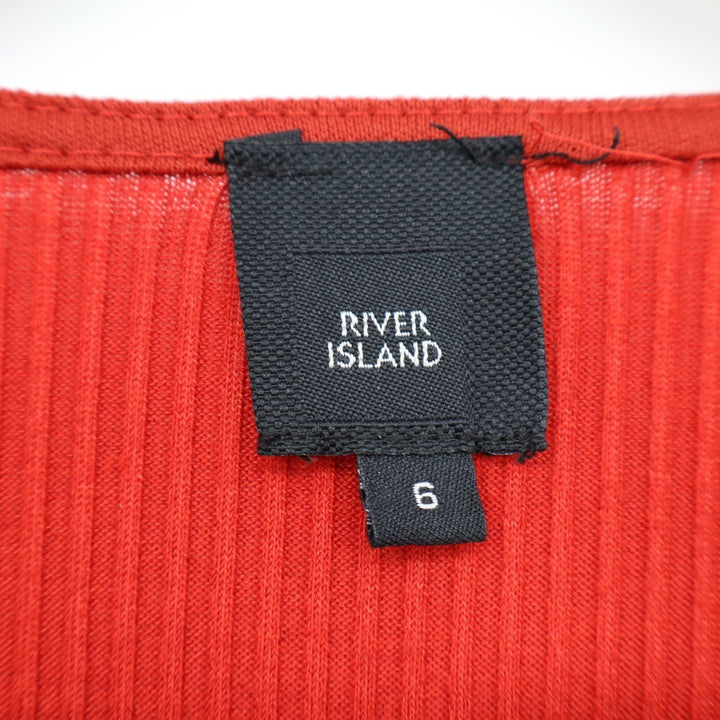 River Island Red Ruffle Shoulder V-Neck Ribbed Long Sleeve Top Size UK 6 US 2