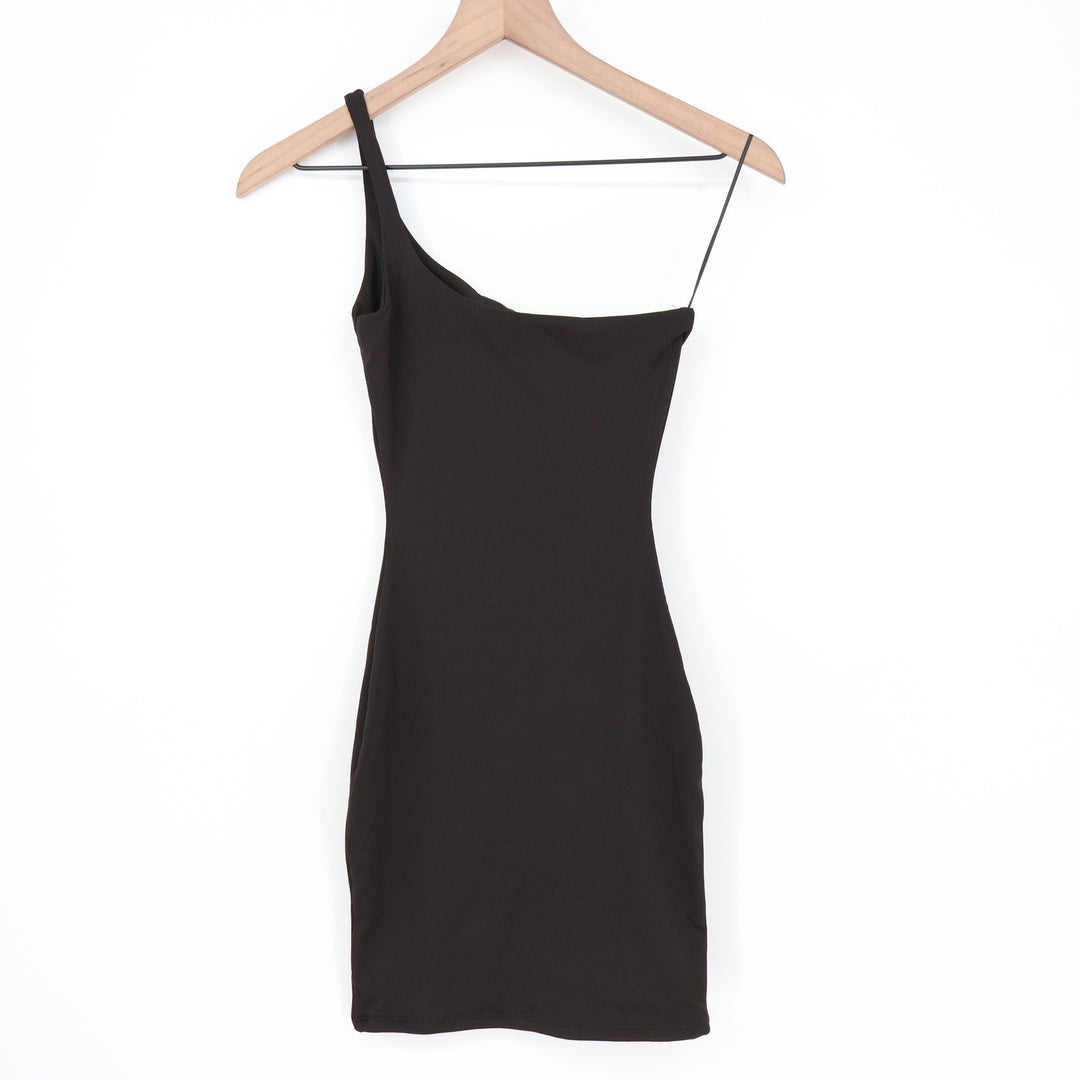 Naked Wardrobe Black Ribbed One Shoulder Mini Bodycon Dress XL