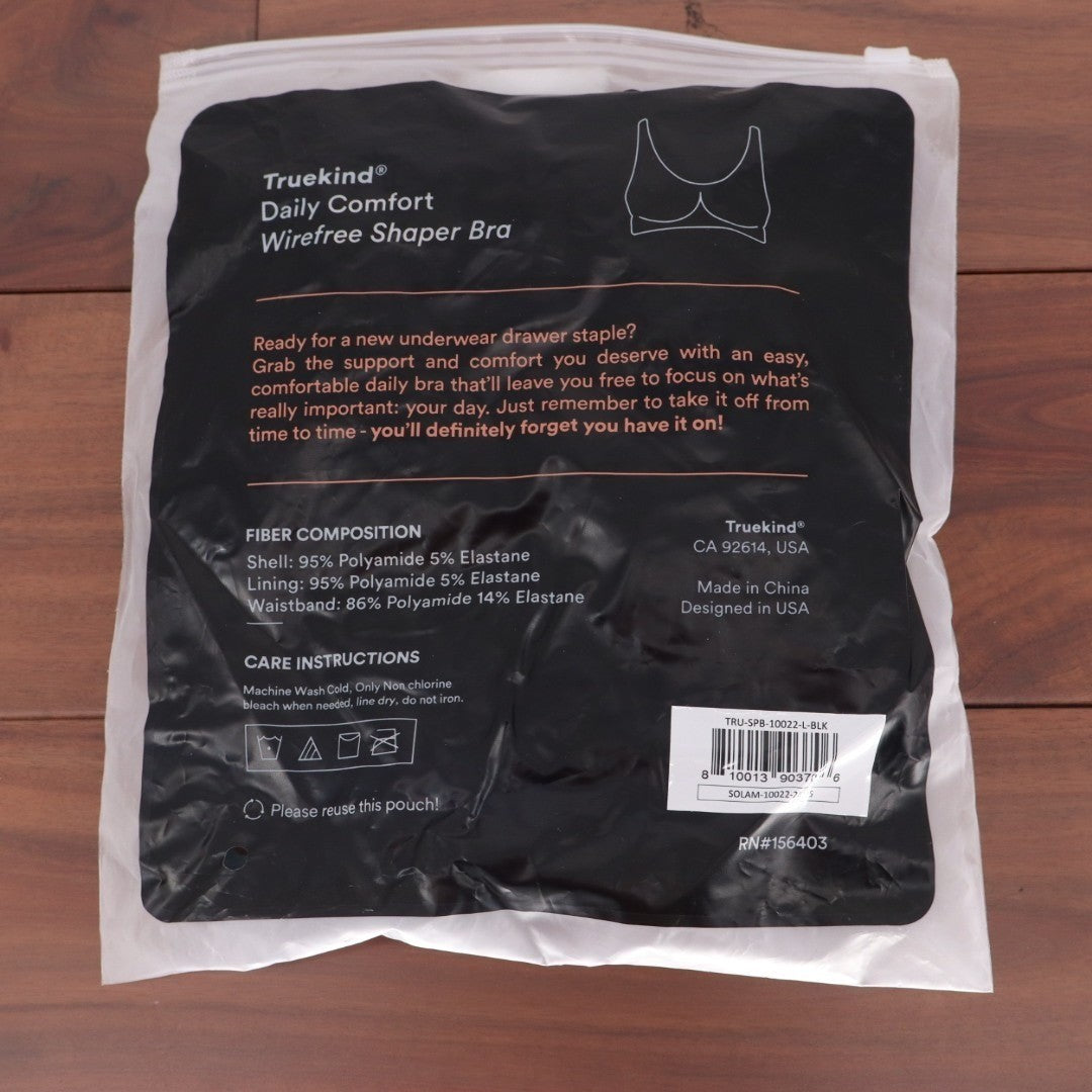 Truekind Daily Comfort Wireless Shaper Bra Women Large Black Nylon Full Coverage